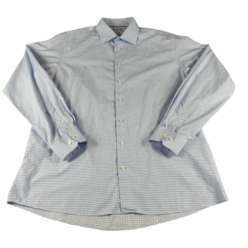 Eton York Dress Shirt Mens XXL 18 46 Blue White Micro Check Cotton Long Sleeve